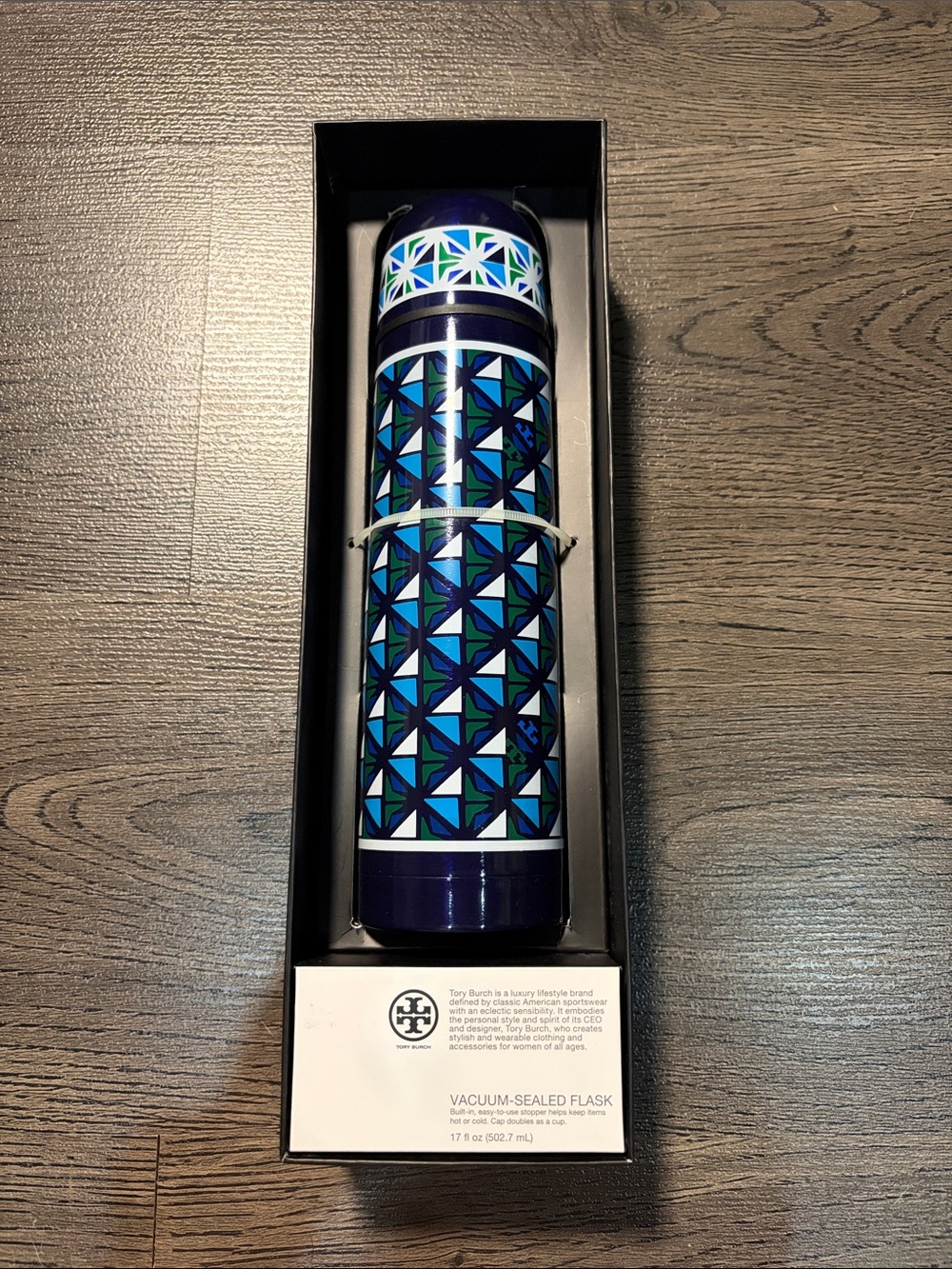 Tory Burch Blue & Teal Geometric Ceramic Flask